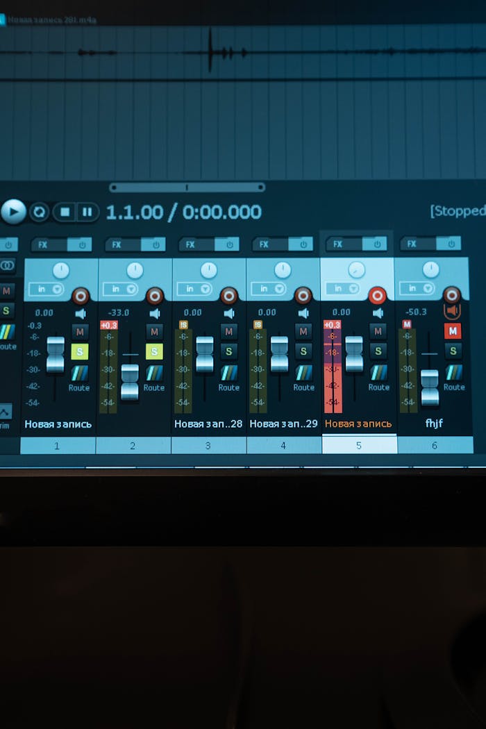 Close-up view of a digital audio mixer's screen with volume controls and sound levels.